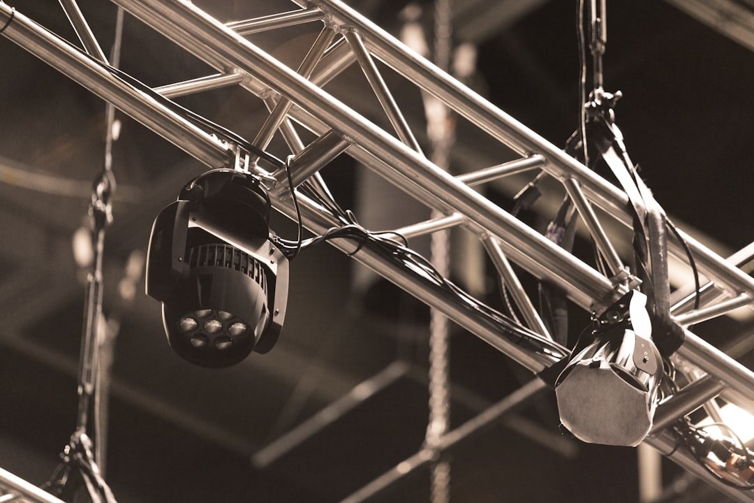 Stage lighting rig with spotlights and softboxes